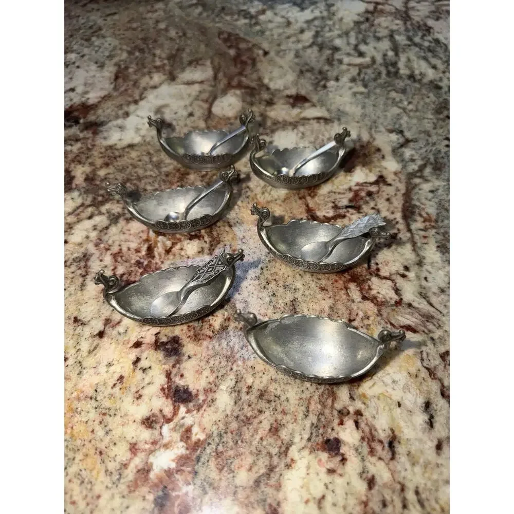 Lot Vintage Handstopt TPB Tinn Pewter Norge Viking Ship Spoon 3” Salt Cellar